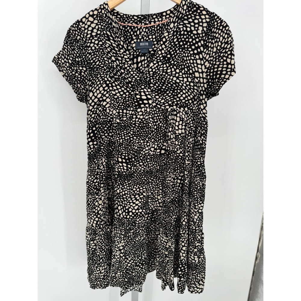 Maeve Anthropologie Black Dotted V-Neck Short‎ Sleeve Tiered Midi Dress Small
